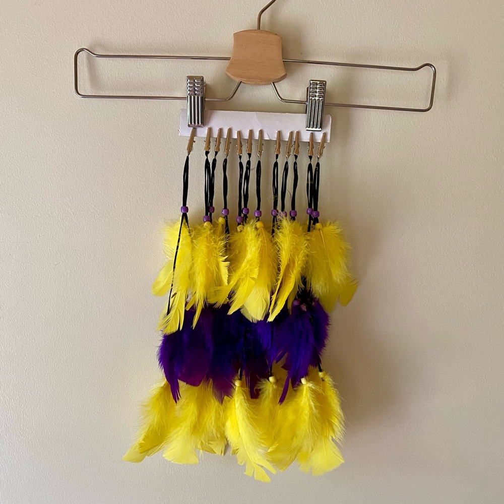 Yellow and Purple Feather Hair Clips - Set of 10